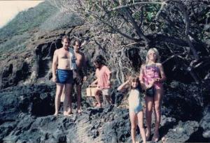 Robert Saulson (in blue shorts), his girlfriend Shari (front, blond) and niece Crystal Lewis (little girl in front) (1982)
